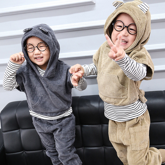 秋季新款韩版男幼童长袖套装卡通小熊间条耳朵1-3岁潮三件套