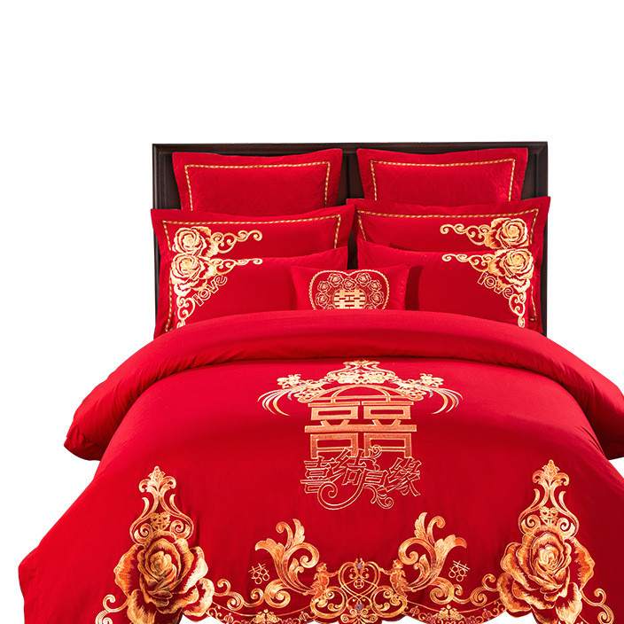 纯棉全棉刺绣结婚用大红四件套六八九十件套新婚送礼床上用品